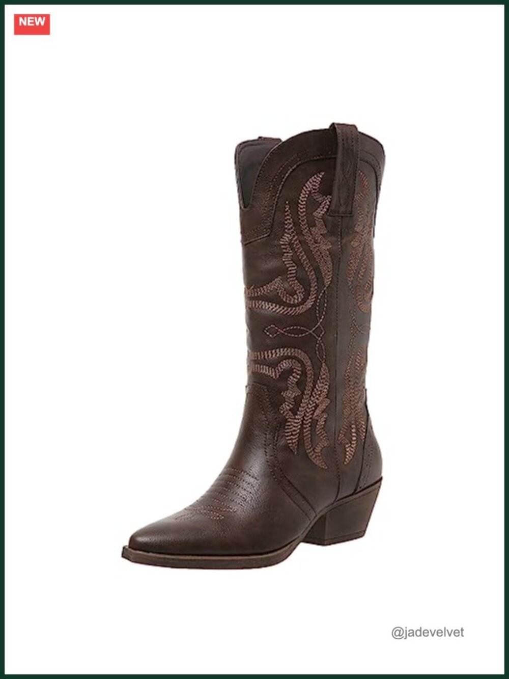 Western Cowboy Boots Women Mid Calf Chunky Block Heel Snip Toe PU Leather